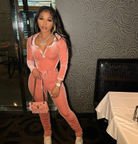 Velvet Hooded Top Stacked Pants 2 Piece Sets FNN-8688