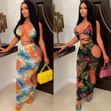 Sexy Mesh Print Lace Up Top Hollow Skirt Two Piece Set GOSD-OS6710