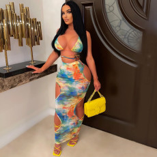 Sexy Mesh Print Lace Up Top Hollow Skirt Two Piece Set GOSD-OS6710