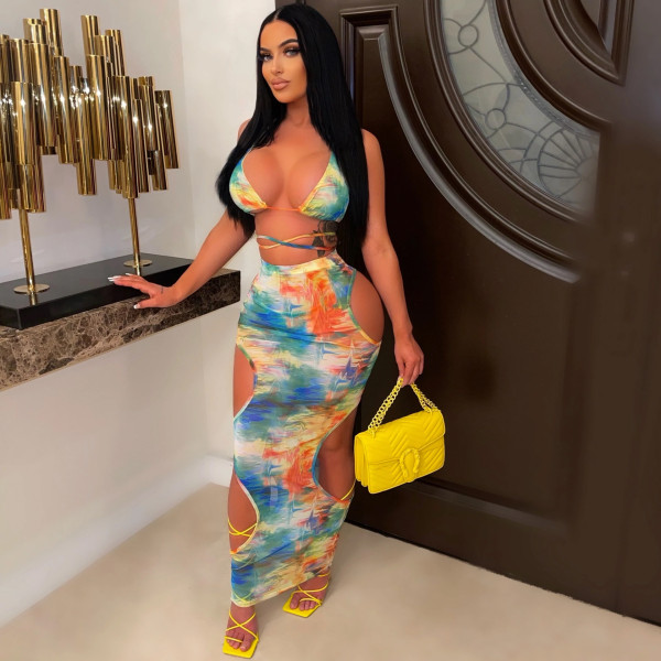 Sexy Mesh Print Lace Up Top Hollow Skirt Two Piece Set GOSD-OS6710