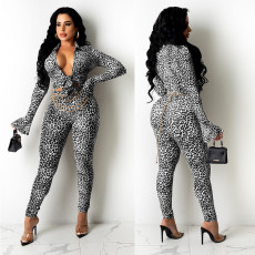Sexy Slim Leopard Print Long Sleeve Two Piece Pants Set(Without Belt) GOSD-OS6112