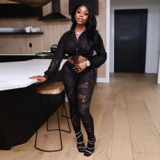Black Sexy Lace Patchwork Long Sleeve 2 Piece Pants Sets YF-10214