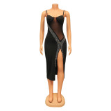 Sexy Sling Mesh Splice Hot Diamond Slit Dress GOSD-OS6647