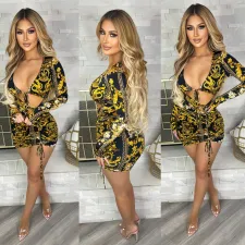 Printed Sexy Lace-up Smocked Mini Dress GOSD-OS6624