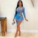 Sexy Mesh Print Long Sleeve Bodysuits And Skirt Two Piece Set GOSD-OS6312