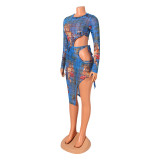 Sexy Mesh Print Long Sleeve Bodysuits And Skirt Two Piece Set GOSD-OS6312
