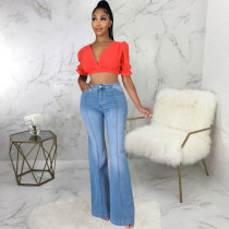 Plus Size Denim High Waist Flared Jeans Pants HSF-2568