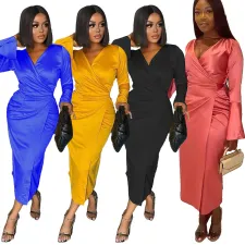 Sexy V Neck Long Sleeve Maxi Dress NY-10237