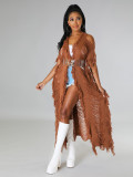 Solid Knit Tassel Hollow Out Long Coat  ZSD-0238