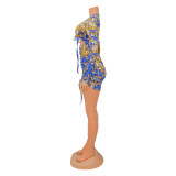 Printed Sexy Lace-up Smocked Mini Dress GOSD-OS6624