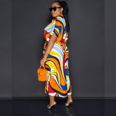 Colorful Printed Short Sleeve Midi Shirt Dress NY-10238