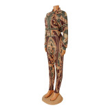 Slim Print Zip Long Sleeve And Pants Two Piece Set GOSD-OS6409