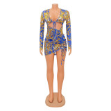 Printed Sexy Lace-up Smocked Mini Dress GOSD-OS6624