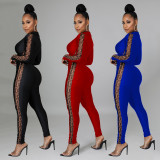 Printed Mesh Splice Long Sleeve Jumpsuit GOSD-OS6375