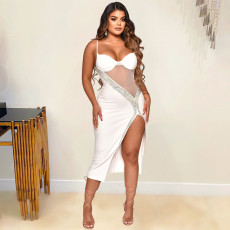 Sexy Sling Mesh Splice Hot Diamond Slit Dress GOSD-OS6647
