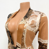 Printed Long Sleeve V-Neck Bodysuit And Pants Two Piece Set GOSD-OS6501