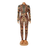 Slim Print Zip Long Sleeve And Pants Two Piece Set GOSD-OS6409