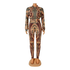 Slim Print Zip Long Sleeve And Pants Two Piece Set GOSD-OS6409