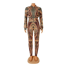 Slim Print Zip Long Sleeve And Pants Two Piece Set GOSD-OS6409