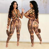 Slim Print Zip Long Sleeve And Pants Two Piece Set GOSD-OS6409