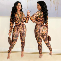 Slim Print Zip Long Sleeve And Pants Two Piece Set GOSD-OS6409