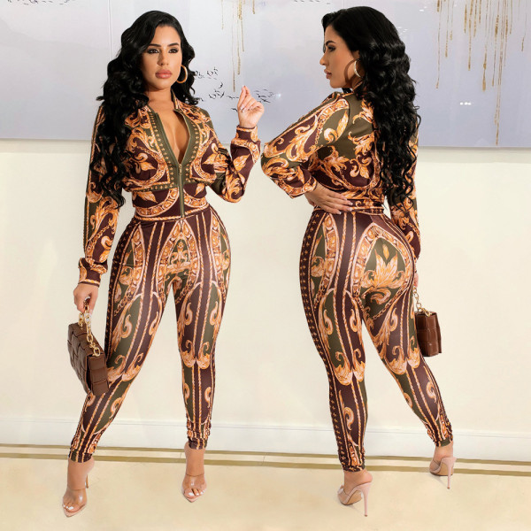 Slim Print Zip Long Sleeve And Pants Two Piece Set GOSD-OS6409