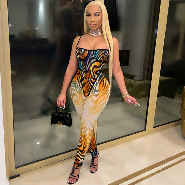 Sexy Mesh Print Sling Bodysuit And Pants Two Piece Set GOSD-OS6323
