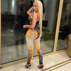 Sexy Mesh Print Sling Bodysuit And Pants Two Piece Set GOSD-OS6323