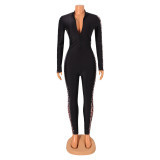 Printed Mesh Splice Long Sleeve Jumpsuit GOSD-OS6375