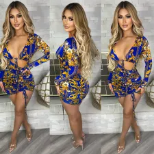 Printed Sexy Lace-up Smocked Mini Dress GOSD-OS6624