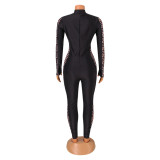 Printed Mesh Splice Long Sleeve Jumpsuit GOSD-OS6375