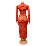 Sexy Slim Mesh Print Long Sleeve Dress GOSD-OS6582