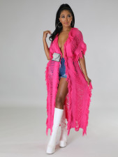 Solid Knit Tassel Hollow Out Long Coat  ZSD-0238