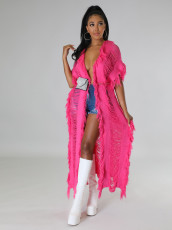 Solid Knit Tassel Hollow Out Long Coat  ZSD-0238