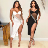 Sexy Sling Mesh Splice Hot Diamond Slit Dress GOSD-OS6647