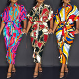 Colorful Printed Short Sleeve Midi Shirt Dress NY-10238
