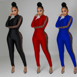 Printed Mesh Splice Long Sleeve Jumpsuit GOSD-OS6375