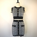Fashion Print Sweater Vest And Skirt Two Piece Set GWDS-220409