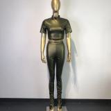 PU Leather Short Sleeve Two Piece Pants Set GWDS-211052