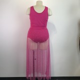 Plus Size Mesh Sheer Print Beaded Skirt Suit GWDS-6134