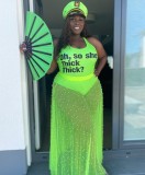 Plus Size Mesh Sheer Print Beaded Skirt Suit GWDS-6134