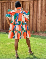 Plus Size Printed High Waist Shirt Dress WAF-77497