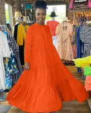 Solid Long Sleeve Big Swing Maxi Dress MIL-L342