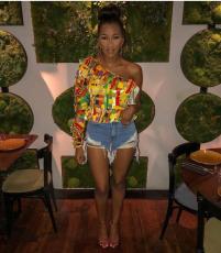 Sexy Printed One Shoulder Long Sleeve Top OM-1377