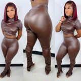 PU Leather Short Sleeve Two Piece Pants Set GWDS-211052