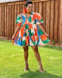 Plus Size Printed High Waist Shirt Dress WAF-77497