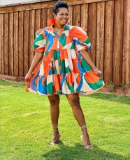 Plus Size Printed High Waist Shirt Dress WAF-77497