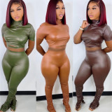 PU Leather Short Sleeve Two Piece Pants Set GWDS-211052