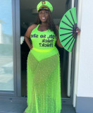 Plus Size Mesh Sheer Print Beaded Skirt Suit GWDS-6134