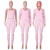 Solid Hooded Coat+Tank Top+Pants 3 Piece Sets CH-8235